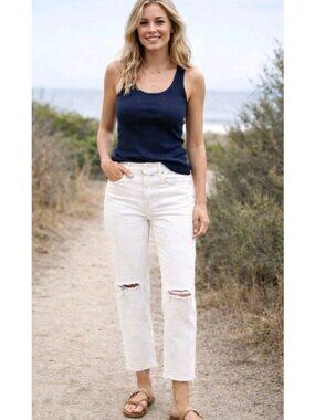Madewell Dean Easy Straight Crop Jeans Womens Size 29 Tile White Distressed NWT